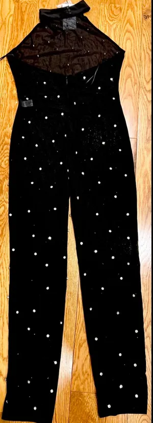 Akira NWT black sexy Alex mock neckline backless Rhinestone Mesh Jumpsuit XL thumbnail 5