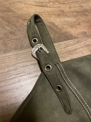 AUW Olive Green Faux Suede Mini Overall Dress with Silver Buckles Size Small thumbnail 5