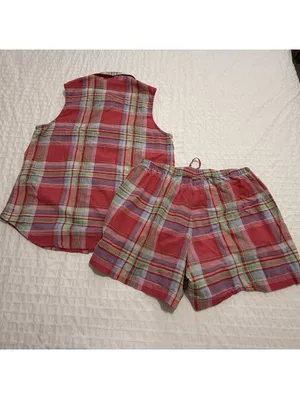 Lauren Ralph Lauren Plaid Multi Color Pajama Button Up Shirt & Shorts Set Medium thumbnail 9