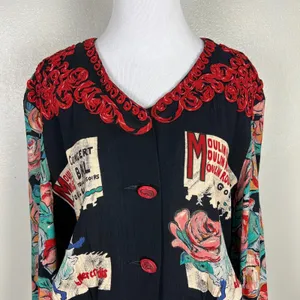 Carole Little Cardigan Jacket M Moulin Rouge Can Can Dancer Floral Rosette Artsy thumbnail 3