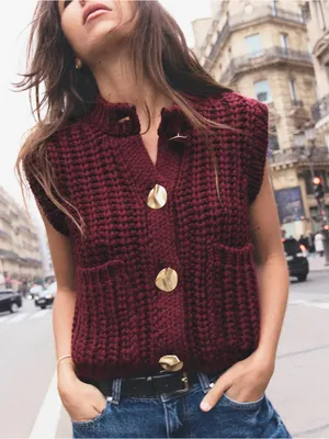 Zara Burgundy Chunky Knit Sweater Vest Gold Buttons Small Academia preppy thumbnail 1
