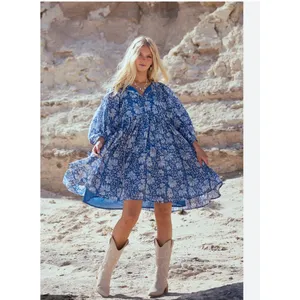 Talisman Blue Blossom Floral Cotton Midi Dress Relaxed Fit Boho S M thumbnail 5