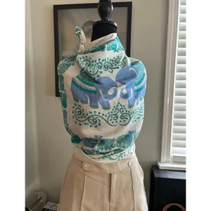 Edinburgh Vintage Shop Elephant Scarf Cream Blue Green Silky Square Scarf thumbnail 3