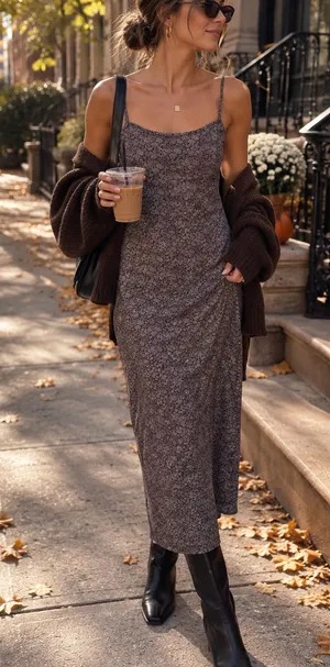 Floral Slip Midi Dress in Brown thumbnail 1