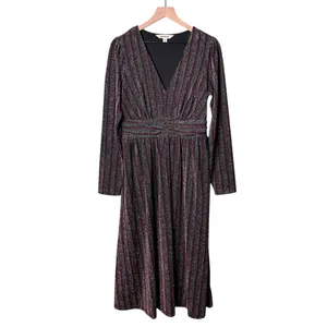 Boden Shimmer Glitter Long Sleeve Stripe Midi Dress Red Black Green Size 8 thumbnail 4