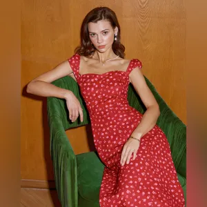 Rihoas Red Floral Sweetheart Neck Cap Sleeve Midi Dress thumbnail 6