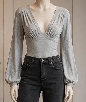 Majorelle Women Bodysuit Gray V-Neck Balloon Sleeve Knit Small thumbnail 1
