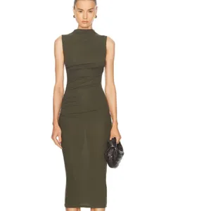 ENZA COSTA Silk Blend Knit Sleeveless Twist Ruched Midi Dress Army Green L $260 thumbnail 2