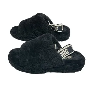 Ugg Fluff Yeah Slide Slippers Womens 8 Black Plush Sheepskin‎ Logo Soft Fur Cozy thumbnail 2
