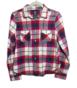 American Eagle Outfitters Womens Sz M Favorite Fit Flannel Shirt Plaid Red Black thumbnail 1