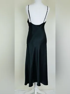 90s Minimalist Black Satin Slip Dress Side Slit Maxi S thumbnail 3