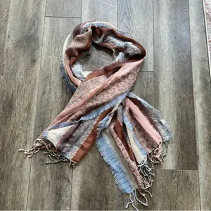 PRANA Mae Scarf Wrap Fringed Striped Tan Blue Cream Multicolored 100% Wool thumbnail 4