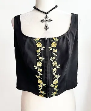 Cider Black Embroidered Floral Bustier Tank Top‎ Corset Romantic Renaissance Medium thumbnail 1