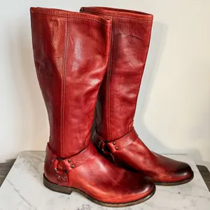 Frye, Phillip Harness Boots Red Burgundy Tall Leather Western Boot, Size 8.5 thumbnail 2
