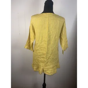 Lungo L'Arno‎ Striped Yellow 100% Linen Tunic Top Ruffle Trim 3/4 Sleeve Small thumbnail 3
