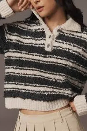 Maeve‎ Anthropologie Striped Polo Sweater Grey Cream Rhinestone Buttons sz L thumbnail 1