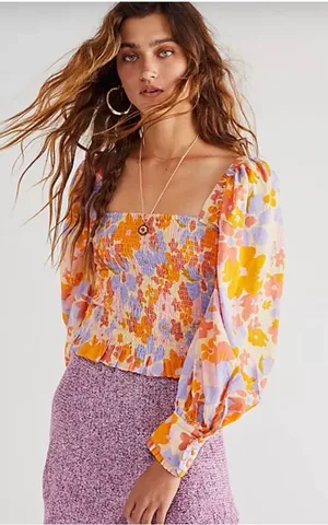 Free People 100% Cotton Floral Smocked Puff-Sleeve Top in Lavender & Orange thumbnail 1