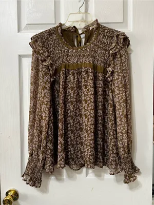 Smocked Ruffle Olive Floral Blouse thumbnail 2