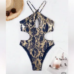 SHEIN Blue and Gold One Piece Swimsuit thumbnail 4