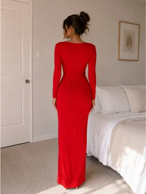 NWT SHEIN SXY Red Ruched Side Slit Maxi Dress | Size L thumbnail 2