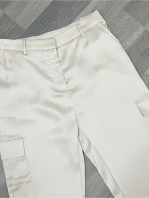 Bailey 44 Satin Cargo Pants Trousers Cream Medium High Waist Ankle Tapered thumbnail 4