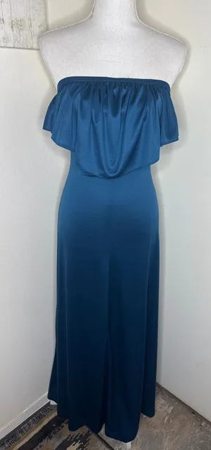 1970s Disco Era Teal Ruffle Flounce Strapless Maxi Dress – True Vintage/Handmade thumbnail 1