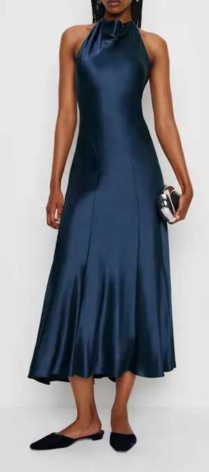 NEW Reformation Kaylah Silk Halter Navy Blue Dress sz 8 thumbnail 1