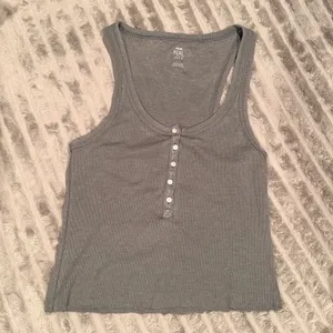 Aerie‎ Real Soft Ribbed Henley Tank Top Gray Size L Altered Raw Hem Crop thumbnail 2