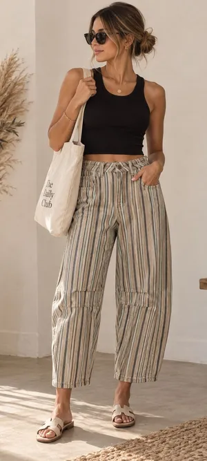 Miou Muse Striped Barrel Pants Cropped High Rise Cotton Small NWOT thumbnail 1