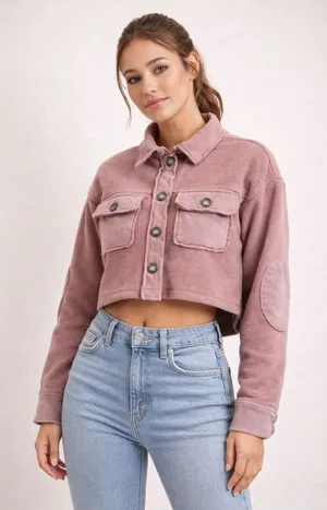 Altar'd State Women's Cropped Mauve Fleece Shacket XS Button Front thumbnail 1
