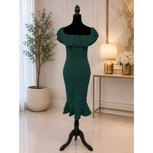 Quiz Emerald Green Off Shoulder Ruffle Mermaid Midi Dress Women's US 6 thumbnail 4