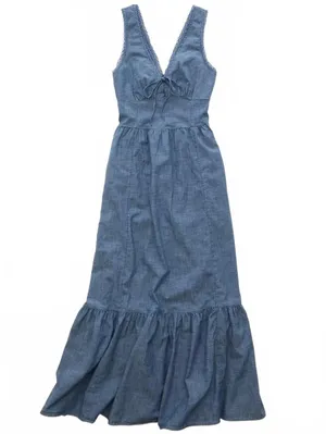 AE Tie-Front Midi Dress American Eagle NWT Medium Wash XS thumbnail 3