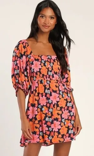 Lulus Navy Pink Orange Floral Smocked Puff Sleeve Mini Dress Size M‎ thumbnail 1