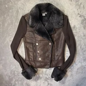 Cache Brown Faux Fur Trim Moto Jacket Size S Wool Blend Rib Knit Snakeskin Textu thumbnail 13