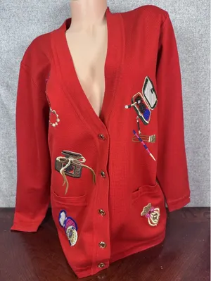 Suzelle Womens‎ Cardigan Large Sweater Red Embroidered Cosmetics Button 90s thumbnail 1