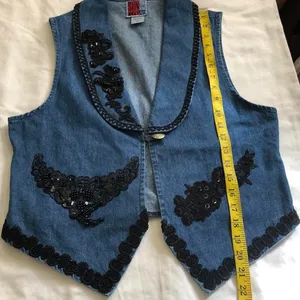 90s Vintage Embroidered navy blue jean denim vest black beading - a unique, western-inspired piece #westernvibes #countrychic #boho #indie Size M, Measurement in pics thumbnail 6