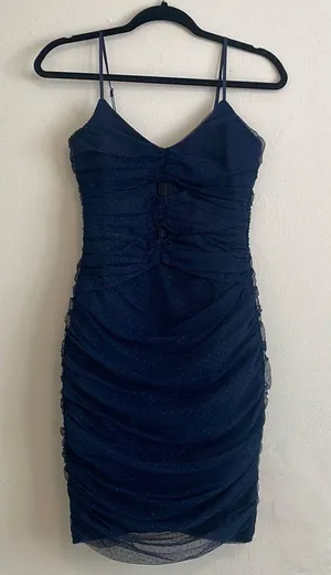 NWT Posh Outlook Navy Blue Swiss Dot Cutout Bodycon Dress thumbnail 3
