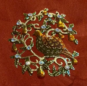 Vintage Monet Partridge In A Pear Tree Enamel & Rhinestones Brooch. thumbnail 1