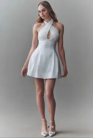 Anthro BHLDN Halter Pearl Embellished Mini Dress Size M with Pearl Bow Clip thumbnail 3