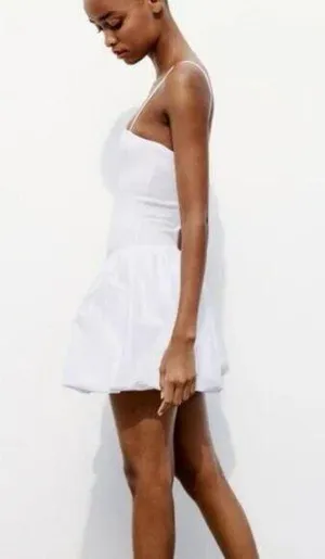 Zara Mixed Ribbed Poplin Balloon Mini Dress in White Medium thumbnail 3