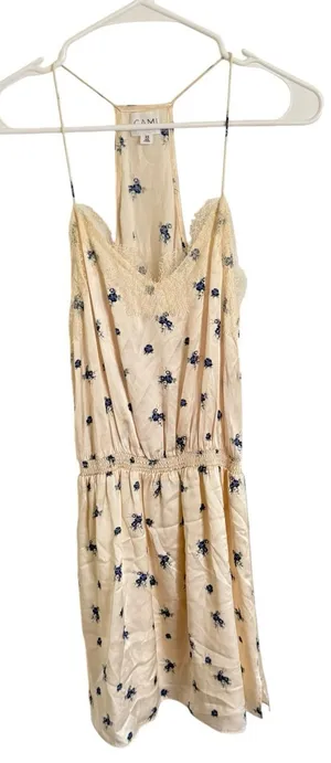 Cami NYC Silk Cream with Blue Floral Lace Trim Mini Dress thumbnail 1