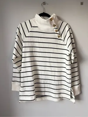 J. Crew Striped Button Shoulder Turtleneck Sweater White Black Comfy Sweatshirt thumbnail 1