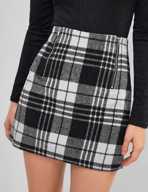 Zaful black and white plaid mini skirt with zippers thumbnail 1