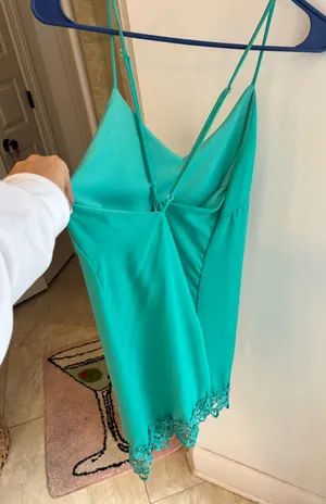 Boutique Teal Satin Slip Dress with Lace Hem thumbnail 1