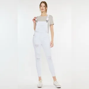 KanCan Minimalist White‎ Distressed Adjustable Stretch Topanga Overalls Size Med thumbnail 3