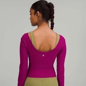 Lululemon Align V-Neck‎ Cropped Long Sleeve Top Magenta Purple Women 2 Gym Yoga thumbnail 3