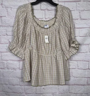 Old Navy Women’s Plaid Smocked Peasant Blouse Size Large Cottagecore Boho NWT thumbnail 1
