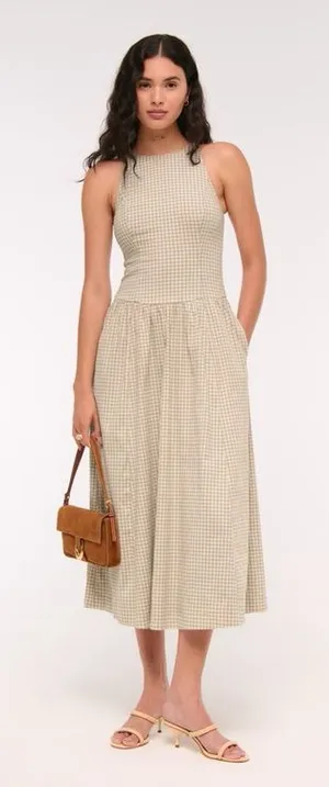 Abercrombie & Fitch Light Brown Check High Neck Drop Waist Sleeveless Midi Dress thumbnail 1
