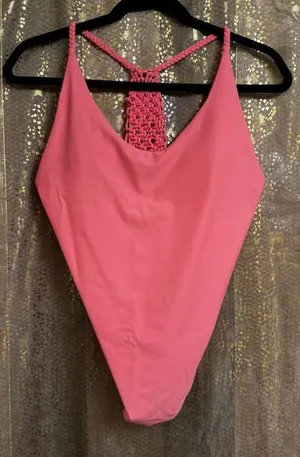 Aerie Peachy Pink Crochet Knit Racerback One Piece Swimsuit‎ Large thumbnail 1