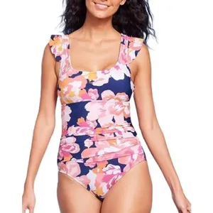 Kona Sol ruched tummy control ruffle sleeve floral one piece swimwear small 4/6 thumbnail 1
